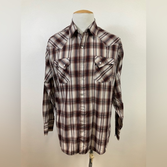 ELY Cattleman Western Yoke Shirt Pearl Snap Brown Plaid Front Pockets Men’s XL - Picture 1 of 8